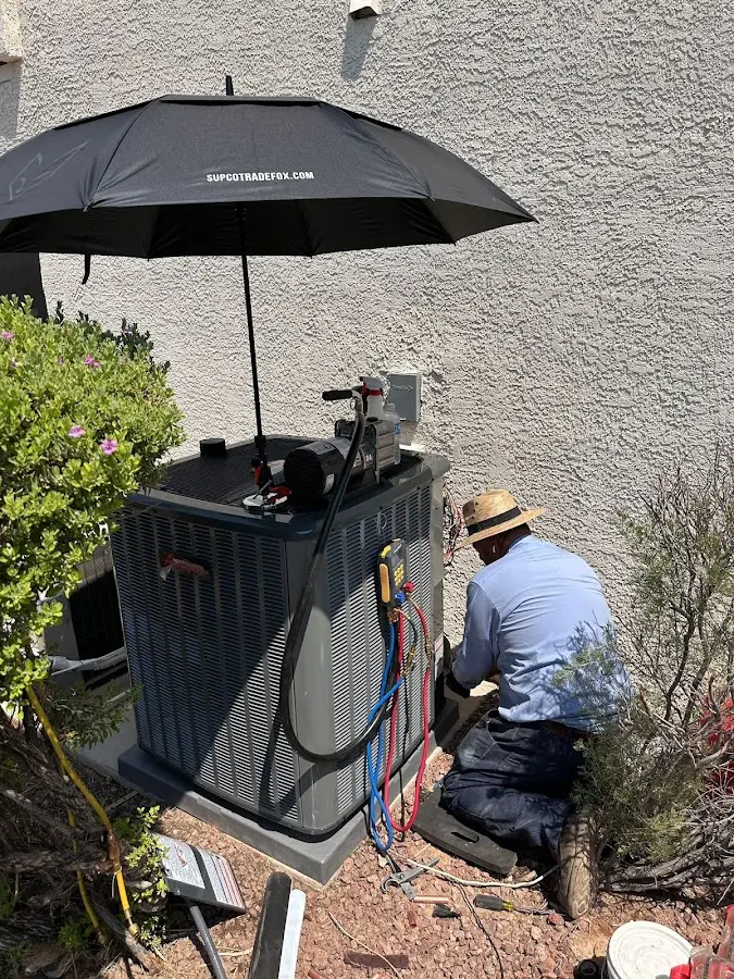 HVAC technician performing outdoor AC maintenance in Vienna